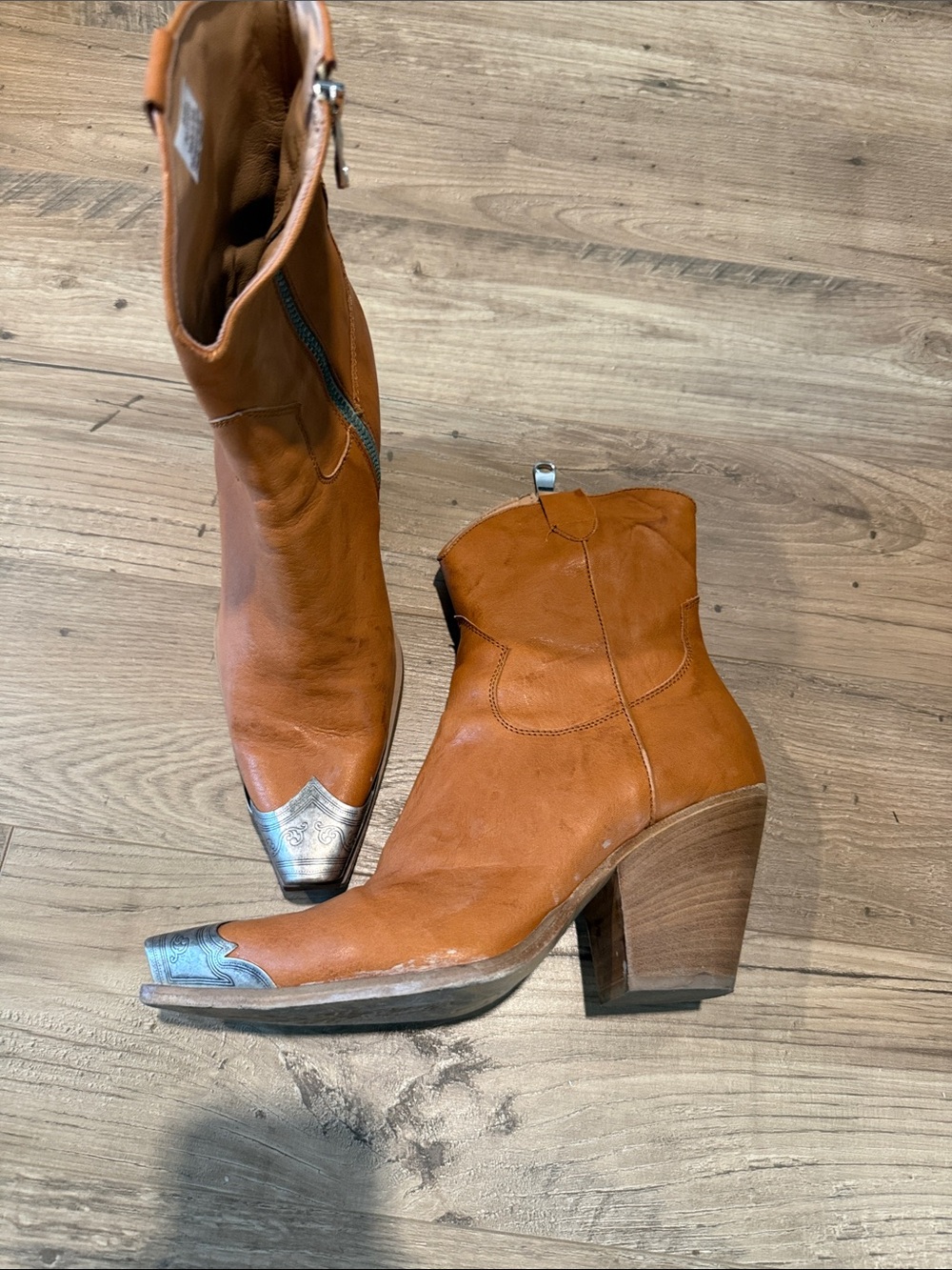 Free People x Revolve tan  Leather Western Ankle Boots with Silver Toe Caps